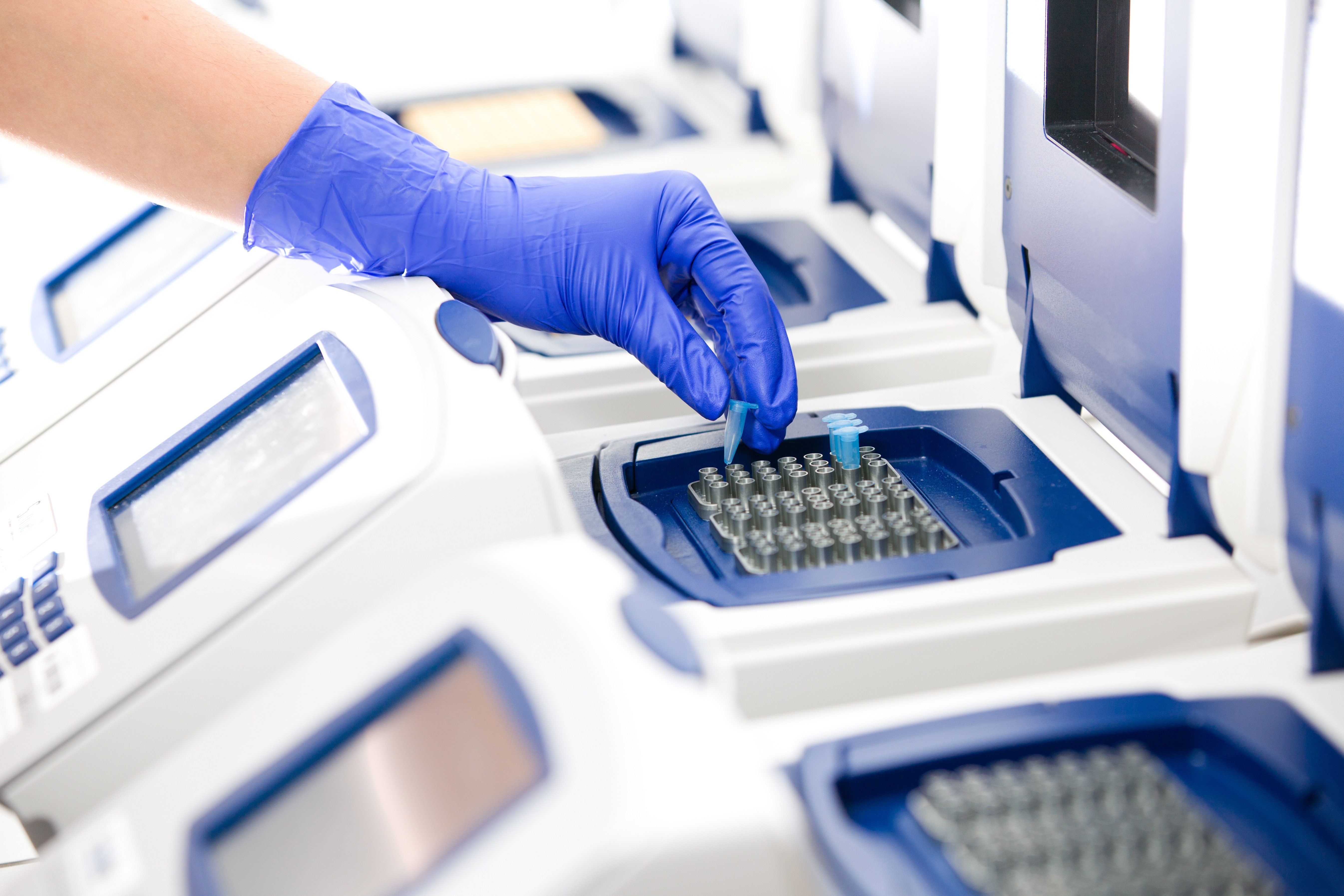 Researcher loading samples into a thermocycler for a modular dPCR workflow. 
