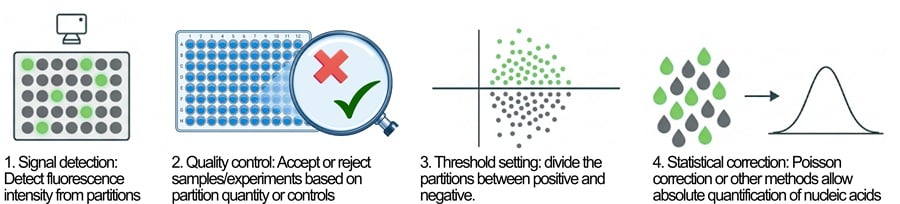 Side-by-side dPCR 1D dot plots showing fluorescence intensity across a two-fold serial dilution series, with blue positive and grey negative partitions, showing the effects of threshold setting in dPCR results, specifically categorizing rain and star artifacts. Panel A shows a low threshold, assigning rain partitions to the positive fraction, while panel B shows a higher threshold, assigning rain to the negative fraction. Red circles mark star artifacts above the positive cluster.